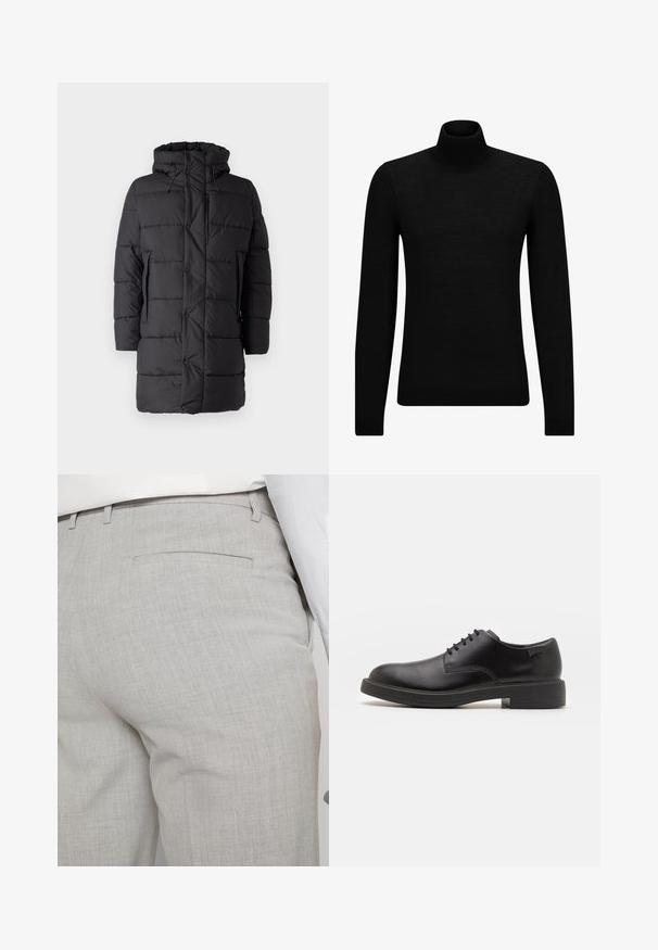 Save the duck DAMON - Chaqueta de invierno - black; Jersey de cuello alto negro hecho de un material suave, con mangas largas y un ajuste ceñido. Ribete acanalado en el dobladillo y los puños. Diseño simple.; Pantalones grises claros a medida hechos de tela texturizada, con un solo bolsillo trasero y costuras limpias.; Zapato negro de cuero con cordones, punta redondeada, textura suave, costuras mínimas y tacón bajo de goma. Logo en el tacón.