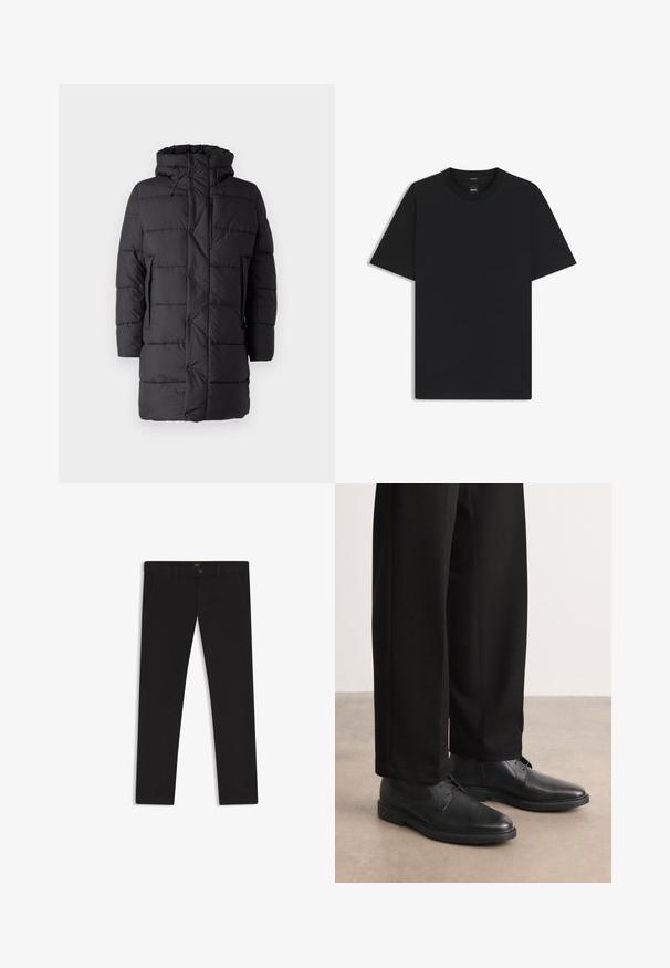 Save the duck DAMON - Winterjacke - black; Schwarz T-Shirt mit kurzen Ärmeln aus einem glatten Baumwollmix, mit Rundhalsausschnitt und einem minimalistischen Design ohne Muster oder Akzente.; Schwarze Hosen aus einem Stoff mit glatter текстуре. Verfügt über einen Knopfverschluss, Gürtelschlaufen und Seitentaschen. Klassisches Design mit geradem Bein.; Schwarze Lederschuhe mit glatter Textur, runder Spitze und Schnürdesign, kombiniert mit schwarzen Hosen. Minimalistischer Stil mit niedrigem Absatz.