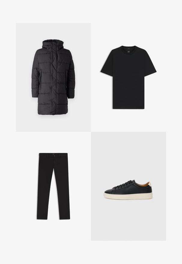 Save the duck DAMON - Winterjacke - black; Schwarz T-Shirt mit kurzen Ärmeln aus einem glatten Baumwollmix, mit Rundhalsausschnitt und einem minimalistischen Design ohne Muster oder Akzente.; Schwarze Hosen aus einem Stoff mit glatter текстуре. Verfügt über einen Knopfverschluss, Gürtelschlaufen und Seitentaschen. Klassisches Design mit geradem Bein.; Schwarze Ledersneaker mit glatter Textur, beiger Gummisohle, Schnürdesign und einem kontrastierenden Fersenakzent.