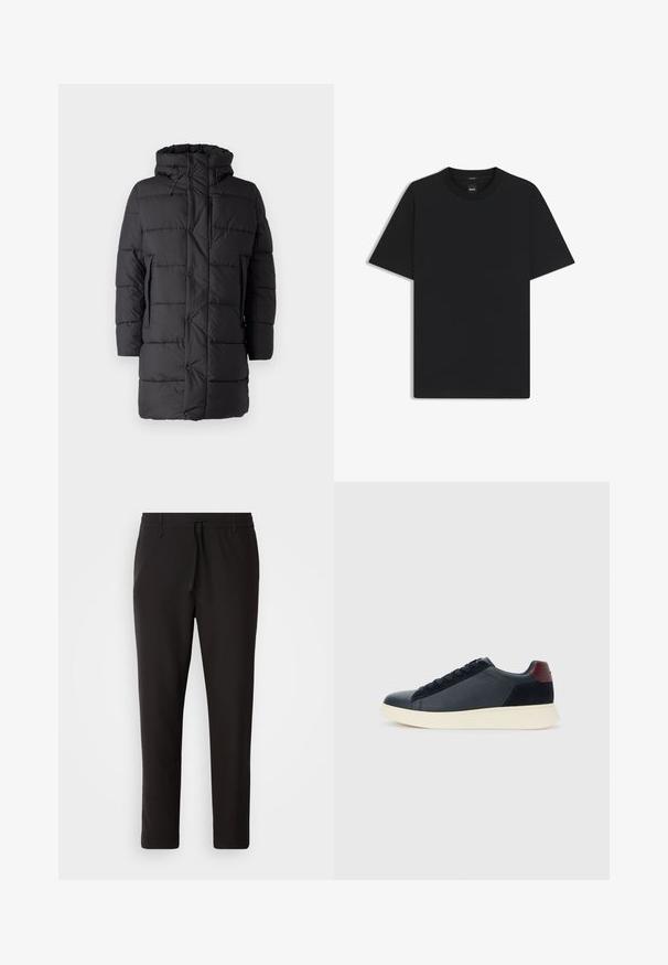 Save the duck DAMON - Vinterjakker - black; Sort kortærmet T-shirt lavet af en glat bomuldsblanding, med en rund halsudskæring og et minimalistisk design uden mønstre eller accenter.; Sorte joggebukser lavet af glat stof. Har en elastisk talje med snor, tætsiddende ben og ingen synlige lommer. Enkel design.; Lave herresneakers i sort læder og ruskind med maroon hælflap og hvid gummisål, set fra ydersiden.