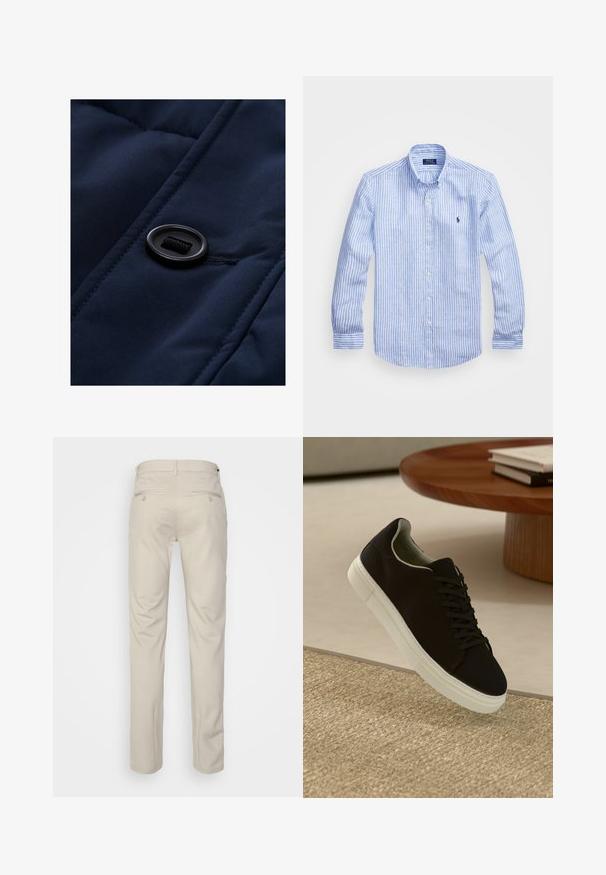 Tengerészkék párnázott szövet sima felülettel, fekete gombbal és zsinórral díszítve, kiemelve a steppelt mintákat.; Kék és fehér csíkos, hosszú ujjú pamut ing, gombos gallérral, elől gombokkal és egy kis hímzett logóval a mellkason.; Beige nadrág sima felülettel, egyenes szabással, két gombos hátsó zsebbel és normál derékrésszel.; Fekete sneakers fehér talppal lebeg egy bézs textúrájú szőnyeg felett, egy kerek fából készült asztal közelében, rajta egymásra pakolt könyvekkel.