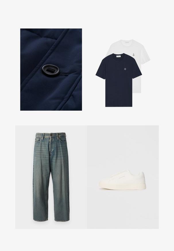Marineblå polstret stoff med en jevn tekstur, med en svart knapp og snor detalj på overflaten, som fremhever quiltede mønstre.; To t-skjorter: en marineblå med et rundt logo, den andre hvit med et lite ankerdesign. Laget av bomull, kortermede.; Lyseblå denimjeans med løs passform, midjehøyde og rette ben. Har fem lommer, beltehemper og knappelukking.; Hvite slip-on joggesko med teksturert overflate, tykk såle og minimalistisk design. Har merkevarelogo på siden.