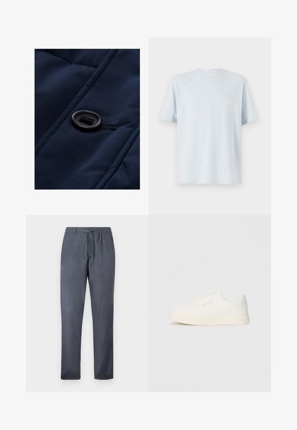 Mørkeblå polstret stof med en glat tekstur, der har en sort knap og snøre detaljer på overfladen, som fremhæver quiltede mønstre.; Lyseblå bomulds t-shirt med rund hals og korte ærmer. Har et lille hvidt logo på venstre brystområde. Glat tekstur.; Grå bukser lavet af glat stof, med snøre og sidelommer. Lige ben design med en ren finish.; Hvide slip-on sneakers med en struktureret overflade, en tyk sål og et minimalistisk design. Har brandlogoet på siden.