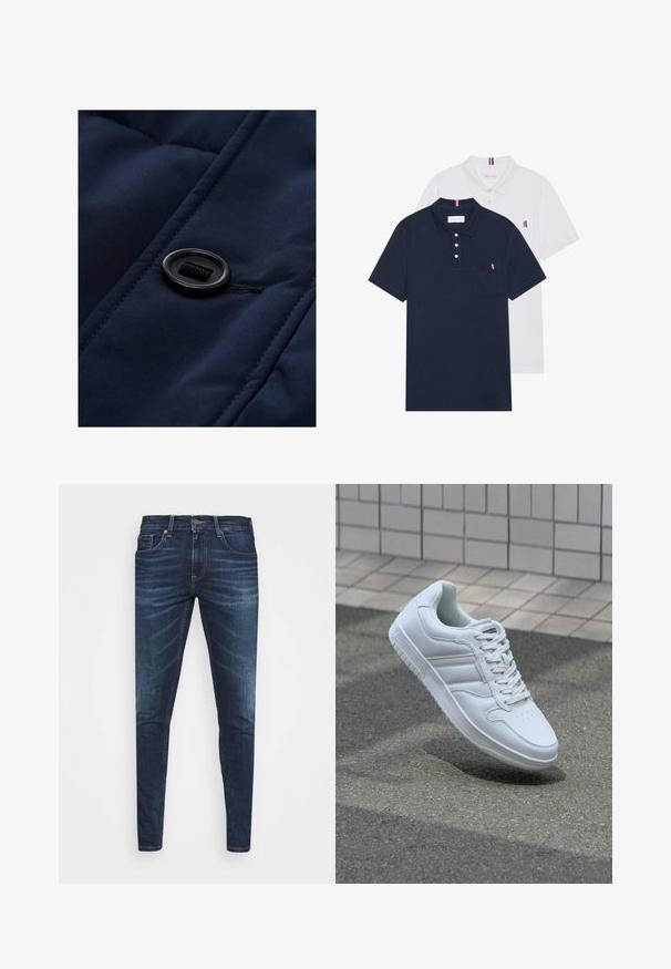 Laikku sininen pehmustettu kangas, jossa on sileä pinta. Siinä on musta nappi ja nyörityksen yksityiskohtia pinnalla, mikä tuo esiin tikkauskuviot.; Kaksi polo-paitaa: yksi tummansininen ja yksi valkoinen, molemmissa pieni punainen, valkoinen ja sininen yksityiskohta rintataskussa ja kauluksessa.; Tummansiniset farkut, joissa on slim fit -leikkaus, hienovarainen haalistuma, viisi taskua ja metallinen napitus. Kontrastiväriset ompeleet.; Valkoiset urheilukengät, joissa on sileä nahkapinta, nauhakiinnitys edessä, rei'itetty kärki ja kuvioitu pohja. Minimalistinen muotoilu, jossa on kolme sivuraitaa.