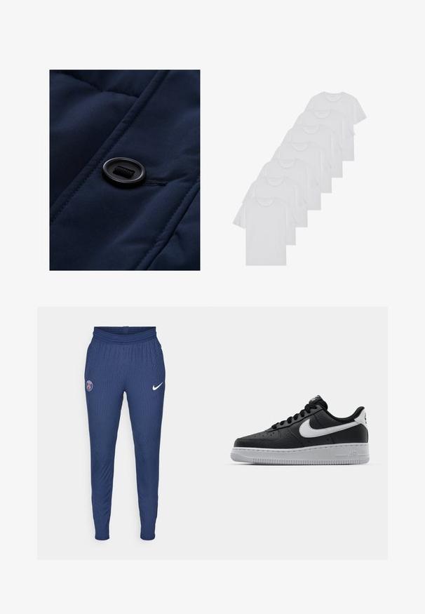 Námořnická modrá polstrovaná tkanina s hladkým povrchem, s černým knoflíkem a detaily tkaničky na povrchu, zdůrazňující prošívací vzory.; Bílé bavlněné trička s krátkým rukávem, design s kulatým výstřihem, jednobarevná textura, naskládána do řady, s jemným brandingem na výstřihu.; Námořnické sportovní kalhoty vyrobené z strukturované tkaniny s logem Paříže na levém stehně a bílým Nike swoosh na pravém.; Černé kožené tenisky s texturovaným povrchem, bílým logem Nike, šedou podrážkou, kulatou špičkou a designem na šněrování. Obsahují perforace na špičce.