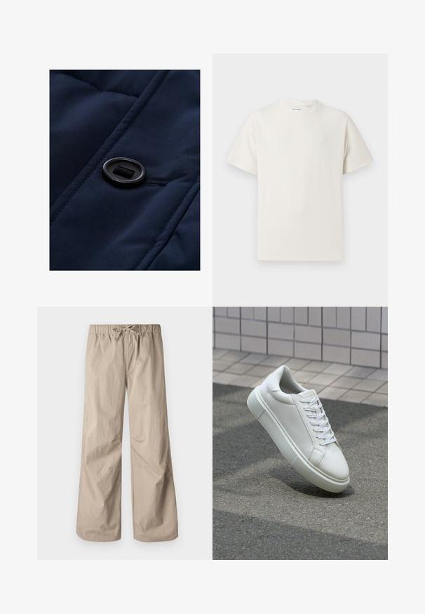 Tumedate sinine vatitatud kangas, millel on sile tekstuur, must nupp ja nöörist detail pinnal, rõhutades ära õmbluste mustrid.; Valge lühikeste varrukatega T-särk ribakudumises. Ümar kaelus, mugav lõige, nähtavad mustrid ega aksessuaarid puuduvad. Lihtne ja mitmekesine disain.; Beežid laiad püksid elastse vöökoha ja tõmbluku abil. Sile tekstuur, kaks küljetaskut ja minimaalsed õmblused, et tagada mugav istuvus.; Valge nahkline sneka, millel on sile pind, ümar varvas ja lame valge pael. Omab tekstuuriga kummist talla ja minimaalset kujunduselementi.