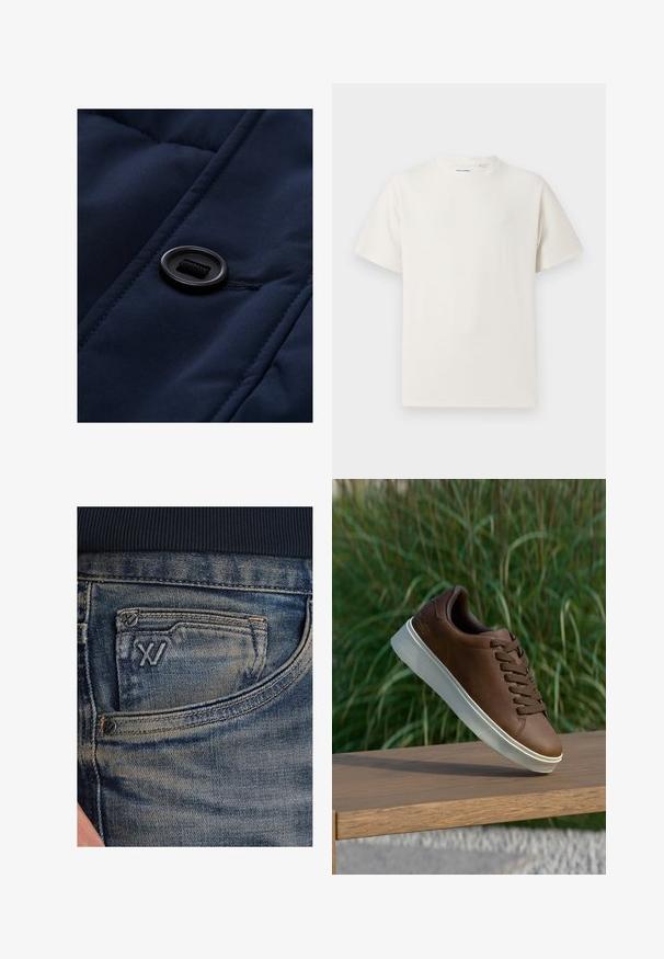 Mornarsko plavi obloženi materijal s glatkom teksturom, s crnim gumbom i detaljima vezanja na površini, ističući uzorke kviltanja.; Bijela kratka majica s kratkim rukavima u rebrastoj teksturi. Okrugli izrez, ležeran kroj, bez vidljivih uzoraka ili akcenta. Jednostavan i svestran dizajn.; Plave traperice s izblijedjelom teksturom, s džepom za kovanice i crnim logotipom sprijeda. Pojas je od tamno plave rebraste tkanine.; Smeđe kožne tenisice s bijelim gumiranim potplatom, zaobljenim nosom i smešnim vezicama. Teksturirana površina na potplatu i glatka završna obrada na gornjem dijelu.
