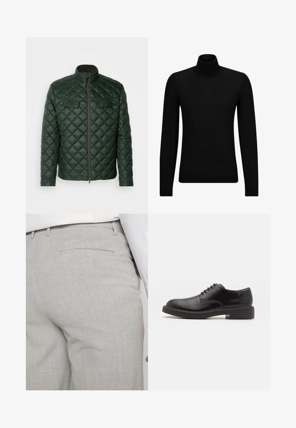 Grüne Steppjacke mit hohem Kragen, Frontreißverschluss und zwei Brusttaschen. Sie zeichnet sich durch ein diagonales Muster und eine elegante, glatte Textur aus.; Schwarzer Rollkragenpullover aus weichem Material mit langen Ärmeln und enger Passform. Rippbesatz am Saum und an den Bündchen. Einfaches Design.; Hellgraue, maßgeschneiderte Hose aus strukturiertem Stoff, mit einer einzelnen Gesäßtasche und sauberer Nahtführung.; Schwarzer Leder-Schnürschuh mit abgerundetem Zeh, glatter Textur, minimaler Naht und niedrigem Gummiabsatz. Logo auf der Ferse.