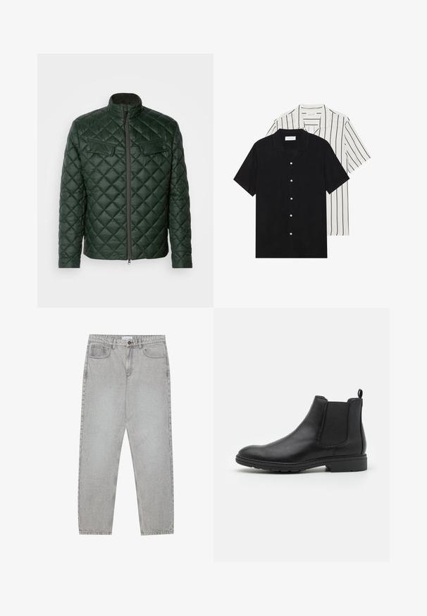Grüne Steppjacke mit hohem Kragen, Frontreißverschluss und zwei Brusttaschen. Sie zeichnet sich durch ein diagonales Muster und eine elegante, glatte Textur aus.; Zwei kurzärmelige Hemden: eines ganz schwarz, das andere weiß mit schwarzen vertikalen Streifen. Beide verfügen über Knopfverschlüsse und einen klassischen Kragen.; Helle graue Jeanshose mit gerade geschnittenem Design, Fünf-Taschen-Stil und Knopfverschluss. Sichtbare Nähte entlang der Seitennähte.; Schwarze Leder Chelsea-Stiefel mit elastischen Seiteneinsätzen und einer Ziehschlaufe, runder Zehenform und strukturiertem Gummisohle.