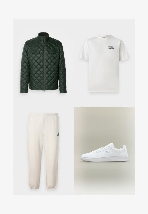 Köögilõikeline roheline jakk kõrge kaelusega, esisevip ehk zipper ja kaks rinnaTaskut. Omab diagonaalset mustrit ja sujuvat, sileda tekstuuri.; Valge puuvillane T-särk ümmarguse kaelusega, lühikeste varrukatega ja väikese tikandiga logoga, millel on mäed ja tekst vasakul rinnal.; Heledadbežased püksid, mis on valmistatud puuvillast, varustatud elastse vöökohtaga, soonikute lõpetustega ja vasakul jalal on roheline logo lehe kujundusega.; Valge nahast tennisepaar, millel on ümmargune varvas, lukkude ja madala profiiliga tald. Omab perforatsioonidega detaile ja reljeefset logo.