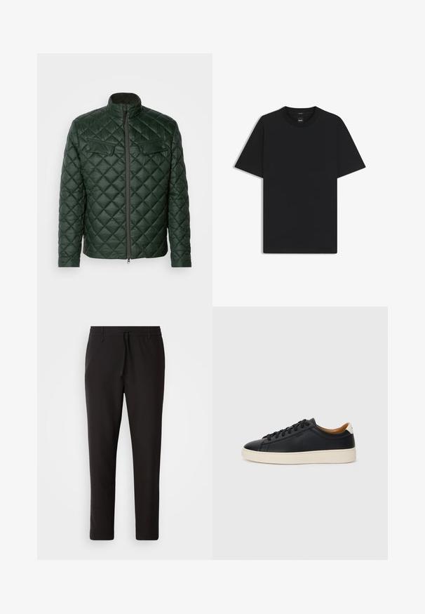 Grüne Steppjacke mit hohem Kragen, Frontreißverschluss und zwei Brusttaschen. Sie zeichnet sich durch ein diagonales Muster und eine elegante, glatte Textur aus.; Schwarz T-Shirt mit kurzen Ärmeln aus einem glatten Baumwollmix, mit Rundhalsausschnitt und einem minimalistischen Design ohne Muster oder Akzente.; Schwarze Jogginghose aus glattem Stoff. Mit einem elastischen Bund und Kordelzug, schmal zulaufenden Beinen und ohne sichtbare Taschen. Einfaches Design.; Schwarze Ledersneaker mit glatter Textur, beiger Gummisohle, Schnürdesign und einem kontrastierenden Fersenakzent.
