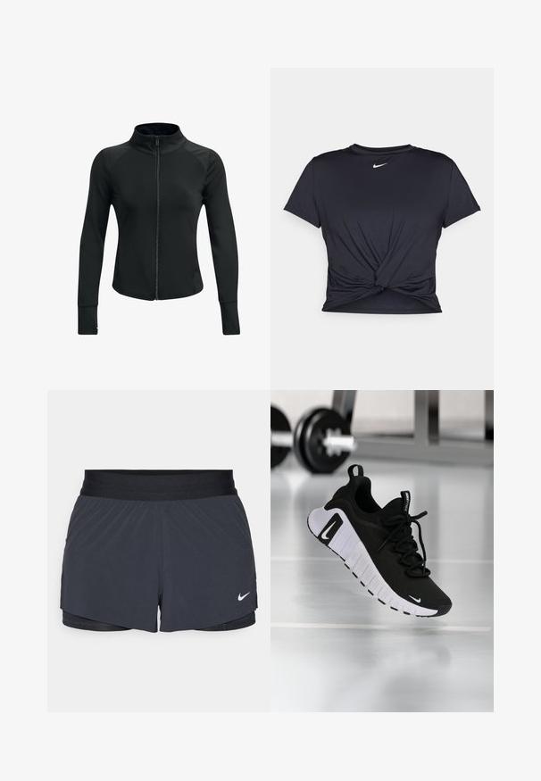 Sort atletisk jakke med høj krave, fuld lynlås, lange ærmer og strukturerede skulderdetaljer. Fremstillet af et glat, strækbart stof.; Sort atletisk t-shirt lavet af glat stof, med et knyttet frontdesign og et lille hvidt Nike-logo på brystet.; Sort træningsshorts med elastisk talje, der har et lagdelt design og et lille hvidt Nike-logo nederst til venstre. Letvægtsmateriale.; Sort atletiksko med en tekstureret stofoverdel, hvid sål og fremtrædende snøresystem. Indeholder en Nike-logo og et blødt, polstret design.