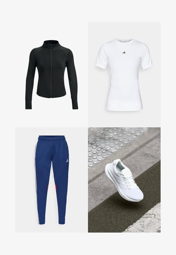 Must have käekott must sportlik jakk kõrge kraega, täispikk tõmblukk, pikad varrukad ja tekstureeritud õlavarre aktsendid. Valmistatud sujuvast ja venivast kangast.; Valge lühikeste varrukatega sportlik särk, mis on valmistatud siledast ja venivast kangast. Rinnal on väike must Adidas'i logo.; Tumesinine jooksupüksid valgete külgtriipudega, elastse vöökoht ja punased aktsendid serva lähedal. Valmistatud siledast, kergest kangast.; Valge sportlik king, millel on pehme võrkkangast pealis, nööriga kinnitus ja tekstureeritud tallad. Õrnad brändimistooted ja sujuvad konstruktsioonid on nähtavad.