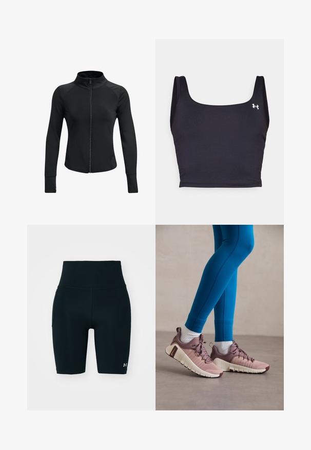 Sort atletisk jakke med høj krave, fuld lynlås, lange ærmer og strukturerede skulderdetaljer. Fremstillet af et glat, strækbart stof.; Sort sports crop top lavet af glat materiale, med firkantet halsudskæring og brede stropper. Inkluderer et lille hvidt logo på siden.; Sorte atletiske shorts lavet af strækbart stof, med høj talje og sidelomme. Glat tekstur med flade sømme og logoaccent.; Diverse sko i lyserød og beige med teksturerede sidelapper, brune detaljer og fleksible såler. Bæres sammen med blå leggings og hvide sokker.