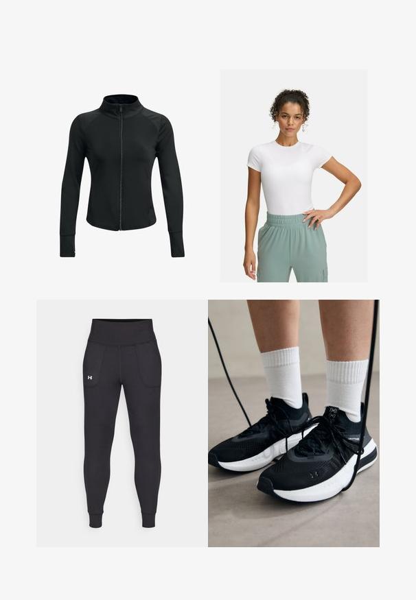 Black athletic jacket with a high collar, full zip, long sleeves, and textured shoulder accents. Made from a smooth, stretchy fabric.; White fitted t-shirt with short sleeves, paired with light green elastic waistband pants. Smooth texture, minimalist design, and no visible patterns.; Black athletic leggings made from stretchy material, featuring a high waistband, side pockets, and fitted cuffs at the ankle.; Black athletic shoes with textured fabric, white sole, and black laces. Worn with white ribbed socks, standing on a light surface.