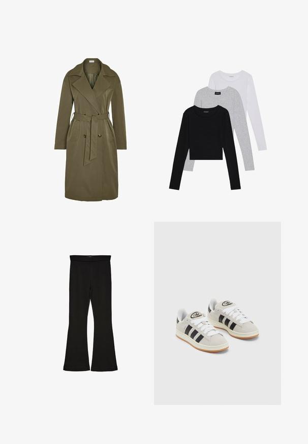 Noisy May MANYA  - Gabardina - khaki; Tres camisetas de manga larga apiladas: negra, gris y blanca. Cada una tiene un escote redondo y un diseño recortado con una tela suave y ligera.; Leggings negros de campana hechos de una tela elástica. Con una cinturilla ancha y una textura suave, presentan una silueta ajustada que se ensancha en el dobladillo.; Zapatillas de ante gris con cordones blancos, rayas negras y suela de goma blanca. Presentan un logo circular en la lengüeta y una suela de goma.
