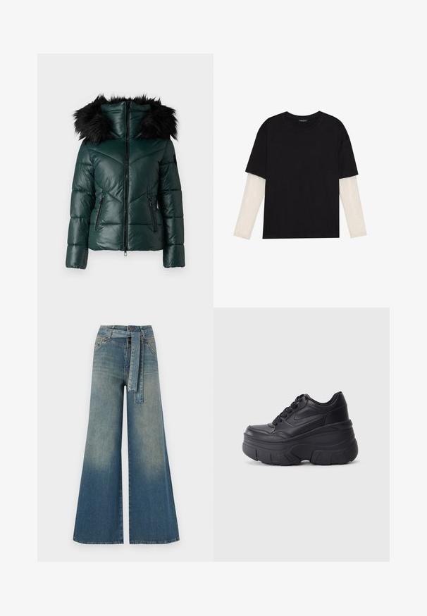 Žalias pūkuotas švarkas su užtrauktuku priekyje, turintis dirbtinio kailio gobtuvą, chevrono siuvinėjimo raštą ir šonines kišenes. Lygus, blizgus paviršius.; Juodas medvilninis marškinėliai su trumpomis rankovėmis, virš baltos ilgo rankovio sluoksnio, turinčio subtilų tekstūrinį raštą. Apvalus iškirpimas.; Platus džinsinis kelnes su šviesiai tamsiai mėlynu gradientu, aukštu juosmeniu, diržo kilpomis ir atitinkančiu audinio diržu. Textūruotas džinsinis paviršius.; Juodi lakuoti sportbačiai su masyviu padu, turintys sklandų odinį viršų, suapvalintą pirštą ir išskirtinį sluoksniuotą platformos dizainą.