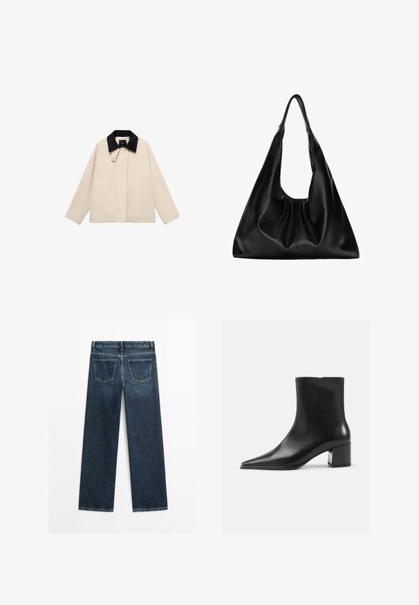 Giacca beige con colletto in velluto a coste nero, dotata di tasche laterali e silhouette dritta. Realizzata in tessuto leggero, progettata per la versatilità.; Maglietta a maniche lunghe con righe orizzontali bianche e nere, scollo rotondo, realizzata in tessuto morbido, con un design pulito e senza fantasie.; Jeans in denim blu scuro con taglio dritto, dotati di due tasche posteriori e cuciture visibili lungo le cuciture e gli orli.; Stivaletto in pelle nera con punta appuntita, texture liscia e tacco medio a blocco. Design minimalista, chiusura con zip sul retro.; Borsa hobo in pelle nera con una forma morbida e curvata. Presenta un ampio manico superiore e pieghe alla base per una texture morbida.