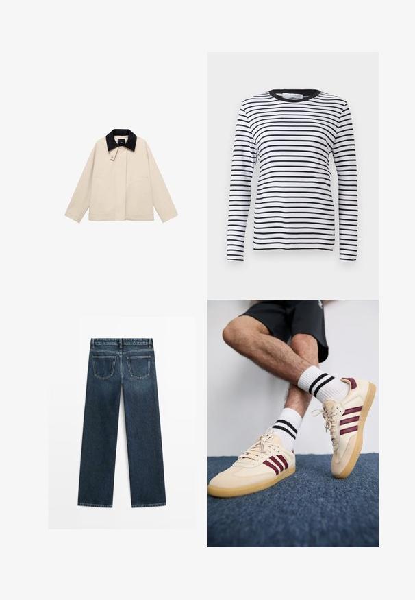 Beige jas met een zwarte corduroy kraag, voorzien van zijzakken en een rechte snit. Gemaakt van lichtgewicht stof, ontworpen voor veelzijdigheid.; Langsleeve shirt met zwart-witte horizontale strepen, ronde halslijn, gemaakt van zachte stof, met een schone uitstraling zonder patronen.; Donkerblauwe spijkerbroek met een rechte snit, voorzien van twee achterzakken en zichtbare stiksels langs de naden en randen.; Beige sneakers met bordeauxrode strepen, een gestructureerde bovenkant en een gumrubberen zool, gecombineerd met geribde witte sokken met zwarte strepen.