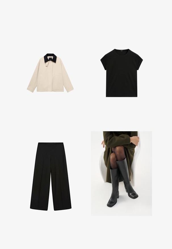 Béžová bunda s černým kordovým límcem, vybavená bočními kapsami a rovnou siluetou. Vyrobena z lehkého materiálu, navržená pro všestrannost.; Černé tričko s krátkým rukávem a kulatým výstřihem s rovnými lemy, vystavené na bílé ploše.; Černé široké kalhoty vyrobené z jemné tkaniny, s vysokým pasem a skládanými detaily, hladkého povrchu a bez viditelných ozdob.; Černé kožené boty po kolena s hranatou špičkou a blokovým podpatkem, předvedené na modelce sedící v olivově zeleném kabátu. Hladký povrch, minimalizované detaily.