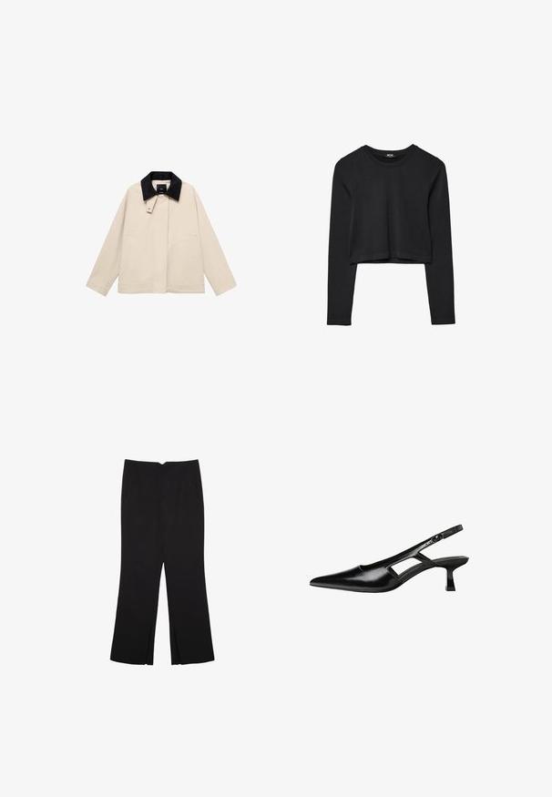 Giacca beige con colletto in velluto a coste nero, dotata di tasche laterali e silhouette dritta. Realizzata in tessuto leggero, progettata per la versatilità.; Top cropped nero a maniche lunghe con scollatura tonda, design semplice e orlo leggermente curvo.; Pantaloni neri a gamba dritta, con tasche frontali e spacchi laterali all'orlo. Realizzati in tessuto morbido e liscio. Adatti a diverse occasioni.; Tacchi slingback in pelle verniciata nera con punta affusolata, design con tagli laterali e tacco quadrato piccolo. Texture liscia con dettagli minimi.