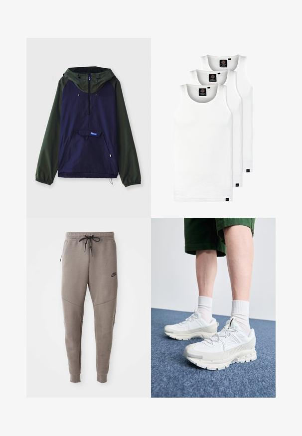 Puloverová bunda v tmavě námořnické a olivově zelené barvě. Obsahuje přední kapsu, kapuci a elastické manžety, vyrobená z lehké a odolné látky.; Tři bílé žebrované tílka vyrobené z bavlny. Mají kulatý výstřih a malé černé štítky poblíž lemu. Dostupné v několika velikostech.; Šedé Nike tepláky s elastickým pasem na šňůrku, zúženými nohavicemi, bočními kapsami a charakteristickým švem. Měkká, strukturovaná tkanina.; Bílé sportovní boty s texturovanými překryvy, masivní podrážkou a šedými akcenty. Na nohou mají bílé ponožky a zelené šortky na modrém povrchu.