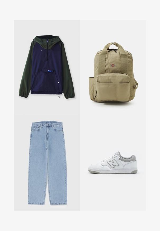 Pulover jakna u tamnoplavoj i maslinastoj zelenoj boji. Ima prednji džep, kapuljaču i elastične rukave, izrađena od lagane i izdržljive tkanine.; Bijela pamučna majica kratkih rukava s okruglim izrezom, sa malim zlatnim logotipom na lijevoj strani prsnog koša. Mekana tekstura i standardni kroj.; Svijetloplave traperice s ravnim nogavicama, sa srednjim strukom, pet džepova i zatvaranjem na dugme i patentni zatvarač.; Bijele kožne tenisice s sivim detaljima, koje imaju perforiranu prednju stranu, ravne vezice i uzorčanu podlogu. New Balance logo sa strane.; Kaki ruksak s jastučenim trakama, prednjim džepom i okruglim logotipom. Izrađen od izdržljive tkanine, s gornjom ručkom i bočnim džepom.