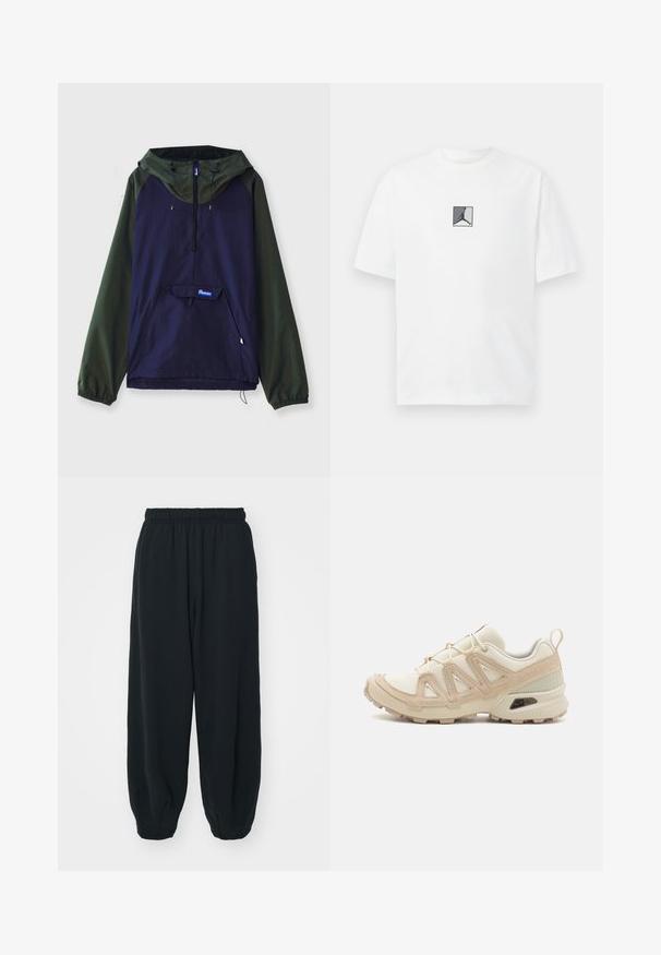 Pullover-jakke i mørk navy og olivengrøn. Har en frontlomme, hætte og elastiske manchetter, lavet af let, slidstærkt stof.; Hvid bomulds t-shirt med et centralt sort og gråt logo grafik. Klassisk crew neckline og kortærmer med en afslappet pasform.; Sorte svedbukser med elastisk talje, løs pasform, afsluttede ankler, glat tekstur og uden synlige mønstre eller hardware-detaljer.; Beige og creme atletiksko med struktureret mesh-overdel, støttende overlays og gummiyderside med et mønster for trækkraft.