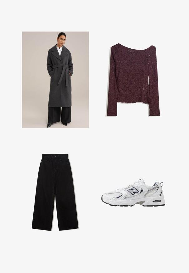 Cappotto trench grigio in misto lana con ampio risvolto, vita cintata, tasche laterali e maniche lunghe; abbinato a pantaloni neri a gamba larga e scarpe con punta.; Top in pizzo a maniche lunghe di un profondo bordeaux, con scollatura a spalle scoperte, motivi floreali e una texture leggermente trasparente con orlo dritto.; Jeans neri a gamba larga in denim con vita alta, dotati di un design a cinque tasche e una chiusura con un solo bottone nella parte anteriore.; Scarpa sportiva bianca con tomaia in mesh, dettagli in blu marino e suola imbottita. Presenta il logo "N", lacci e dettaglio texturizzato sul lato.