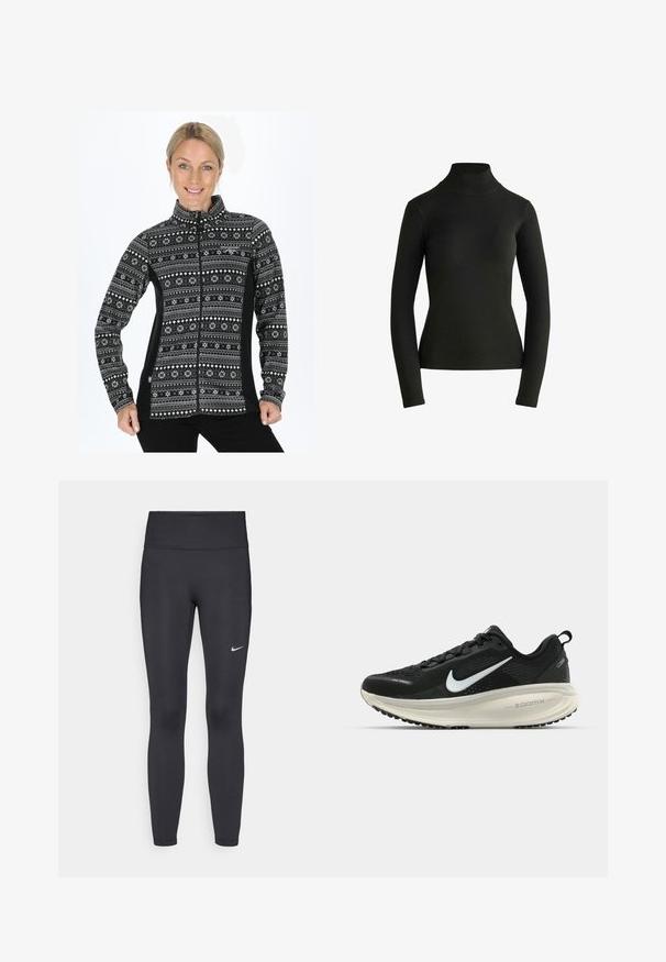 Hymyilevä nainen, joka on pukeutunut mustavalkoisesti kuvioituun vetoketjulliseen fleece-takkiin, seisoo kädet lanteilla valkoista taustaa vasten.; Musta pitkähihaisuus poolopaita, jossa on tiukka siluetti. Valmistettu sileästä, joustavasta kankaasta, jossa ei ole näkyviä kuvioita tai koristeita.; Mustat leggingsit joustavasta kankaasta, joissa on korkea vyötärö ja valkoinen Nike-logo vasemmassa reidessä. Sileä pinta, muotoaan myötäilevä suunnittelu.; Mustat Nike-juoksukengät, joissa on hengittävä verkko-osa, valkoinen swoosh-logo, teksturoitu yksityiskohtaus ja kermaisen värinen ZoomX-välipohja.