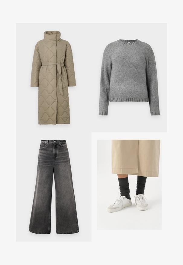 Langer taubefarbener gesteppter Mantel mit hohem Kragen und passendem Stoffgürtel, der in der Taille gebunden ist, mit Wellenmuster-Steppung. ; Grauer Strickpullover mit Rundhalsausschnitt, langen Ärmeln und gerippten Akzenten an den Bündchen und dem Saum. Weiche Textur mit einem leicht lockeren Schnitt.; Schwarze Jeans im weit geschnittenen Stil aus Denim mit einer ausgebleichten Waschung, Fünf-Taschen-Design und einem Knopfverschluss am Bund, ausgestattet mit gestickten Akzenten.; Weiße und graue Sneakers mit einem schwarzen Fersenelement, ausgestattet mit einem glatten Lederoberteil und einer strukturierten Wildlederzehe. Tragen mit dunkelgrauen, lässigen Socken.