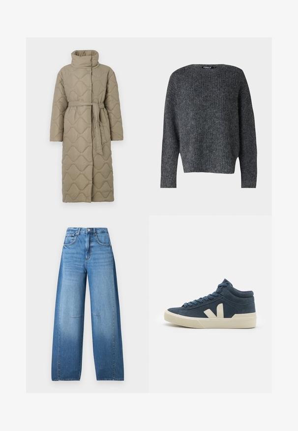 Langer taubefarbener gesteppter Mantel mit hohem Kragen und passendem Stoffgürtel, der in der Taille gebunden ist, mit Wellenmuster-Steppung. ; ONLY ONLMOON LIFE SLIT - Strickpullover - dark grey; Hoch geschnittene, weite Jeans aus hellblauem Denim mit einem verblassten Effekt, ausgestattet mit einem Knopfverschluss, fünf Taschen und Ziernähte.; Hochschuh-Sneaker aus navy-blauem Wildleder mit cremefarbenen Akzenten. Verfügt über eine strukturierte Sohle und flache Schnürsenkel, die ein minimalistisches Design zur Schau stellen.