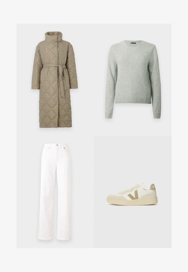 Garšs pelēkbrūns quiltēts mētelis ar augstu apkakli un atbilstošu auduma jostu, kas sasieta ap vidukli, ar viļņu raksta šuvēm visā virsmā.; Gai pelēks garām piedurknēm kreklains džemperis ar ribinātu piedurknēm un apakšmalu, izlikts uz vienkārša balta fona.; Baltas denim bikses ar augstu jostasvietu, taisnu kāju, piecām kabatām un vara krāsas detalēm. Auduma tekstūra ir gluda ar nelielu stiepes pakāpi.; Skrējēji ar krēmkrāsas augšdaļu, bēša zamšāda akcentiem un teksturētu gumijas zolīti. Iespējas ar izteiksmīgu 'V' logotipu un auklu dizainu.