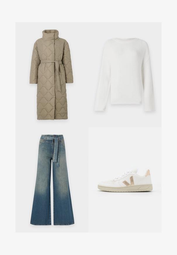 Langer taubefarbener gesteppter Mantel mit hohem Kragen und passendem Stoffgürtel, der in der Taille gebunden ist, mit Wellenmuster-Steppung. ; Weißer, langärmeliger Pullover aus strukturiertem Stoff. Verfügt über einen Rundhalsausschnitt und einen lässigen Schnitt mit überschnittenen Schultern.; Weit geschnittene Denim-Hosen mit einem Farbverlauf von hellblau zu dunkelblau, hoher Taille, Gürtelschlaufen und einem passenden Stoffgürtel. Strukturierte Denim-Oberfläche.; Weiße Sneaker mit perforiertem Design, beiger Gummisohle, goldenen Akzenten an der Ferse und am Seitenlogo. Klassischer Schnürstil.