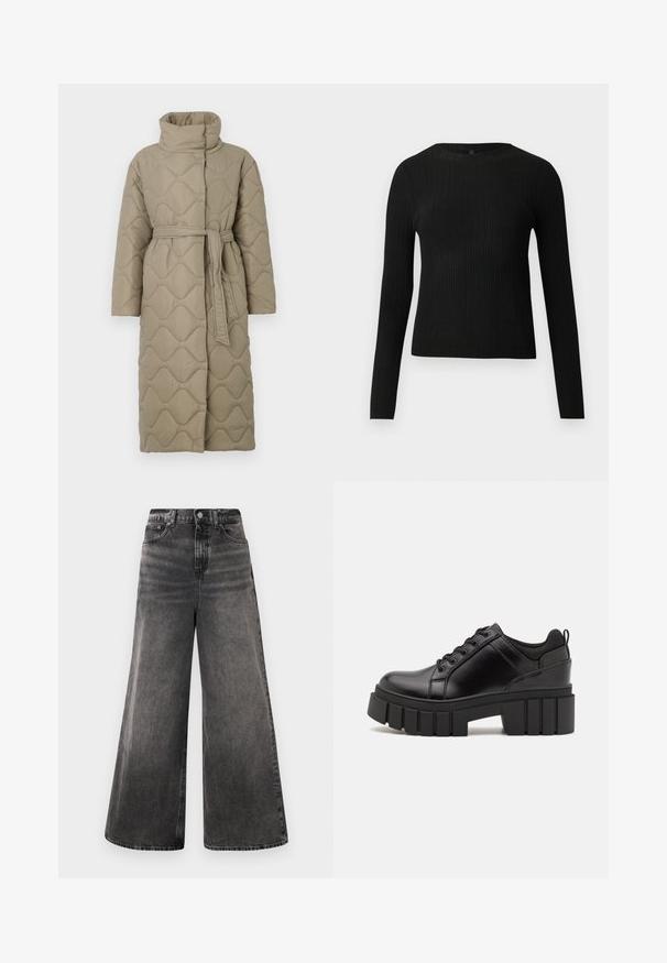 Cappotto lungo color taupe trapuntato con alto colletto e cintura in tessuto abbinato legata in vita, caratterizzato da cuciture a motivo ondulato in tutto il capo.; Maglione fitted a maniche lunghe nero a costine con scollo rotondo, esposto su uno sfondo chiaro e semplice.; Jeans in denim neri a gamba larga con un effetto sbiadito, design a cinque tasche e chiusura con bottone in vita, caratterizzati da dettagli cuciti.; Scarpe platform in pelle nera con tacco a blocco robusto, punta rotonda e design tradizionale con lacci. Presentano una superficie liscia e dettagli minimi.