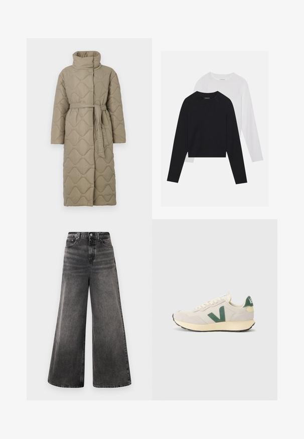 Hosszú taupe színű steppelt kabát magas gallérral és azonos anyagból készült övvel, amely a deréknál van megkötve, hullámmintás varrással az egész felületen.; Két hosszúujjú póló: az egyik fekete, a másik fehér. Mindkettő kerek nyakú, raglán ujjal és puha pamutkeverék anyaggal készült.; Széles lábú fekete farmernadrág, megfakult mosással, öt zsebes dizájnnal és gombos záródással a derékrészen, varrott részletekkel.; Beige sneaker zöld logó részlettel, hálós és velúr anyagokból, lekerekített orral, lapos talppal és kontrasztos sarokrésszel.