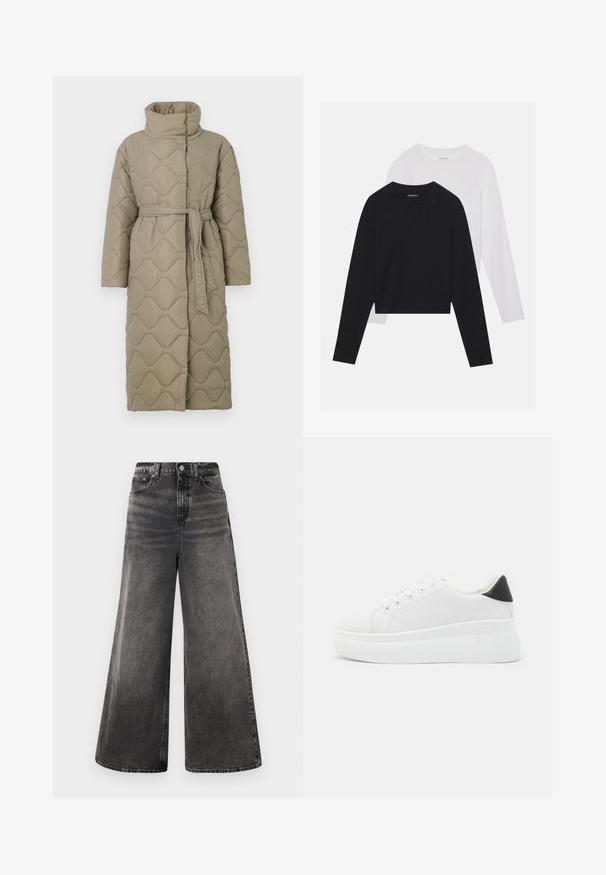 Długi, taupe'owy, pikowany płaszcz z wysokim kołnierzem i pasującym paskiem z materiału związanym w talii, z falistym wzorem przeszyć na całej powierzchni.; Dwie koszule z długim rękawem: jedna czarna, a druga biała. Obie mają okrągły dekolt, rękawy raglanowe i miękką bawełnianą tkaninę.; Szerokie czarne dżinsy z denimowym wykończeniem, z wypłukanym odcieniem, pięcioma kieszeniami oraz zapięciem na guziki w pasie, z wyhaftowanymi akcentami.; Białe sneakersy na platformie wykonane z gładkiego materiału syntetycznego, z zaokrąglonym noskiem, sznurowanym zapięciem i teksturowaną gumową podeszwą. Czarne akcenty na pięcie.