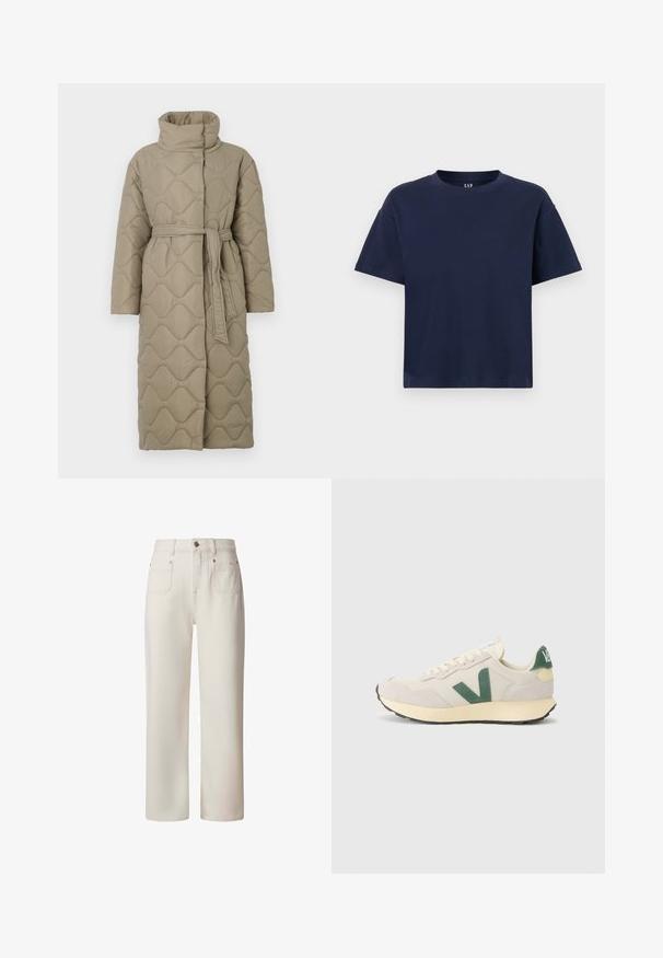 Langer taubefarbener gesteppter Mantel mit hohem Kragen und passendem Stoffgürtel, der in der Taille gebunden ist, mit Wellenmuster-Steppung. ; Marineblaues Baumwoll-T-Shirt mit Rundhalsausschnitt und kurzen Ärmeln, das eine lockere Passform und ein minimalistisches Design aufweist. Keine Muster oder Akzente.; Pepe Jeans STRAIGHT UHW LEXA - Jeans Straight Leg - white; Beiger Sneaker mit grünem Logodetail, aus Mesh- und Wildledermaterialien, mit runder Zehenform, flacher Sohle und kontrastierendem Fersenpatch.