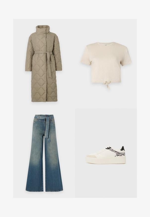 Dlhý taupe prešívaný kabát s vysokým golierom a opaskom z rovnakého materiálu viazaným v páse, so štepovaním vlnkového vzoru po celej ploche.; Kratký béžový tričko vyrobené z lesklého materiálu, s krátkymi rukávmi a uzlovým detailom na leme. Hladká textúra a okrúhly výstrih.; Džínsy s širokými nohavicami, ktoré majú prechod od svetlomodrej po tmavomodrú, vysoký pás, pútka na opasok a opasok z rovnakého materiálu. Textúrovaný denimový povrch.; Even&Odd Tenisky - white/black