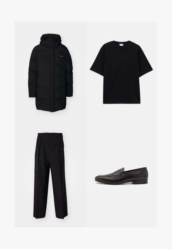 Holzweiler LOM DOWN JACKET - Jachetă cu puf - black; Tricou oversized cu mânecă scurtă, de culoare neagră, cu decolteu rotund și etichetă Filippa K vizibilă în interiorul gulerului.; Pantaloni negri plisat cu un design drept și pantaloni largi. Construiți dintr-un material neted, prevăzuți cu închidere cu nasture și bucle pentru curea.; Mocasini din piele neagră, cu un design elegant, vârf rotund și toc mic, împăturit. Prezintă un detaliu decorativ cusut pe partea superioară.