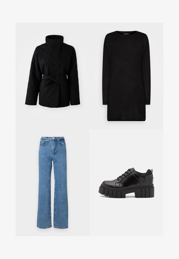 Jachetă neagră matlasată cu guler înalt, talie strânsă cu curea și țesătură texturată. Prezintă modele diagonale și mâneci lungi, concepută pentru confortul termic.; Pulover negru din tricot cu mâneci lungi, guler rotund și croială lejeră, având o textură moale și margini ribbed pentru un plus de detaliu.; Jeans albastre cu talie înaltă și picioare drepte, decorate cu broderii florale albe mici dispersate pe material.; Pantofi cu talpă plată din piele neagră, cu toc gros, vârf rotund și design tradițional cu șireturi. Prezintă o textură netedă și detalii minime.