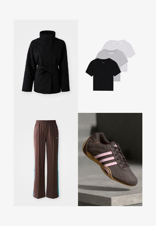Jachetă neagră matlasată cu guler înalt, talie strânsă cu curea și țesătură texturată. Prezintă modele diagonale și mâneci lungi, concepută pentru confortul termic.; Set de trei tricouri cu mâneci scurte, în negru, gri și alb. Fabricate din bumbac, cu guler rotund și un design simplu, de culoare uniformă.; Pantaloni atletici maro cu textură canelată, talie elastică și dungi turcoaz pe lateral. Prezintă logo-ul adidas pe față.; Pantofii sport din nubuc maro cu dungi și logo roz, având un material superior texturat, închidere cu șireturi și o talpă din cauciuc gumos.