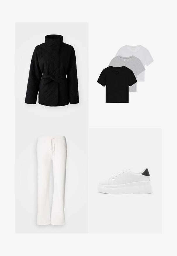 Čierna prešívaná bunda s vysokým golierom, opaskom v páse a textúrovanou tkaninou. Obsahuje diagonálne vzory a dlhé rukávy, navrhnutá pre teplo.; Sada troch tričiek s krátkym rukávom v čiernej, šedej a bielej farbe. Vyrobené z bavlny, s okrúhlym výstrihom a jednoduchým, jednofarebným dizajnom.; Biele, voľné tepláky vyrobené z mäkkej tkaniny, s elastickým pásom na šnurovanie a rovnými nohavicami.; Biele platformové tenisky vyrobené z hladkého syntetického materiálu, so zaoblenou špičkou, šnurovacím dizajnom a textúrovanou gumovou podrážkou. Čierny akcent na päte.