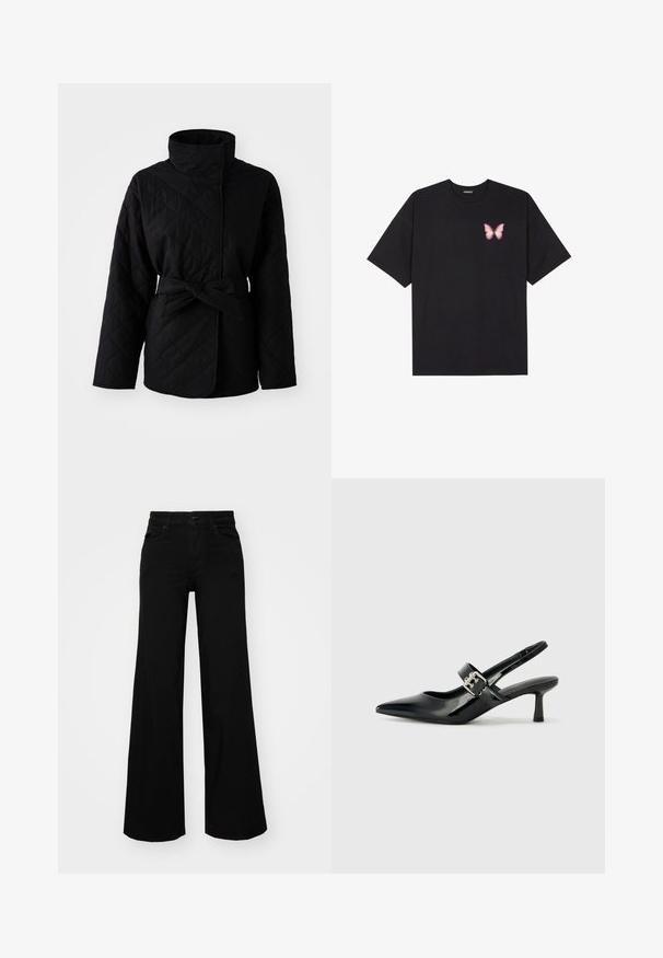 Svart quiltet jakke med høy krage, belte i midjen og teksturert stoff. Har diagonale mønstre og lange ermer, designet for varme.; Svart bomulls T-skjorte med korte ermer, med en liten rosa sommerfugl grafikk på venstre bryst. Crew-neck design med en avslappet passform.; Svart vide bukser laget av denim, med en strukturert midjebånd, beltestropper og frontlommer. Glatt tekstur med et klassisk design.; Svarte patent lær slingback hæler med spiss tå og en liten blokkheel, med en sølvspenne som detalj på stroppen.