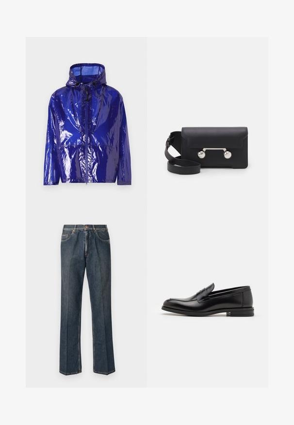 Violetti, kiiltävä sadetakki hupulla. Varusteena etuvetoketju, säädettävä kiristyshihna ja teksturoitu, kiiltävä pinta.; Kermakoolne kootud sviiter polo kaelusega, ribadega mansetid ja äär, esipaneeliga ja pehme tekstuuriga.; T-paita tummansinisestä kankaasta, lyhyet hihat, valkoinen teksti "neanche per sogno" keskellä rintaa, pyöreä kaula-aukko, keskikoko.; Tummansiniset suorat farkut, joissa on edessä nappi, vetoketju, tuplakoteloita ja näkyvät pystysaumat lahkeissa.; Mustat nahkakengät, joissa on sileä pinta, pyöreä kärki ja koristeellinen nauha jalkapöydän yli. Matala pinoitu koroke, minimalistinen muotoilu.; Mustan nahkainen olkalaukku, jossa on läppäkiinnitys, hopeanväriset yksityiskohdat ja kaksi pyöreää koristetta. Varustettu irrotettavalla hihnalla. Sileä pinta.