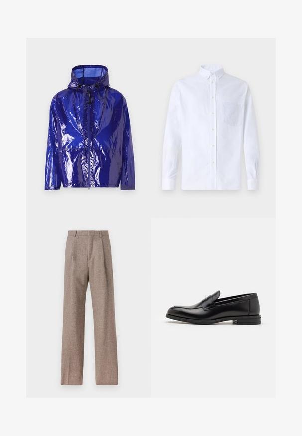 Lila, glänzende Regenjacke mit Kapuze. Verfügt über einen Reißverschluss vorne, eine verstellbare Kordel und eine strukturierte, glänzende Oberfläche.; Weißes Langarm-Hemd mit Knöpfen aus Baumwolle, ausgestattet mit einer Brusttasche mit tonalem Stickerei, einem Kragen und Knopfmanschetten.; Braune, hochtaillierte Hose aus strukturiertem Stoff. Mit weitem Bein und zwei vorderen Bügelfalten für zusätzliche Form. Saubere Verarbeitung ohne sichtbare Hardware.; Schwarze Lederloafers mit glatter Textur, rundem Zehenbereich und einem dekorativen Riemen über dem Vorderfuß. Niedriger, gestapelter Absatz, minimalistisches Design.