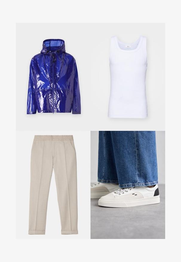 Lilla, läikiv vihmakeep kapuutsiga. Omab esist zipperit, reguleeritavat nööri ja tekstiilset, läikivat viimistlust.; Valge puuvillane golfi särk ilma varrukateta, ümmarguse kaelusega, sileda tekstuuri ja sobiva lõikega, mõeldud igapäevaseks kandmiseks.; Filippa K TERRY CROPPED TROUSERS - Püksid - sage melange; Valged ja mustad spordijalatsid sileda nahkpealise, tekstuursete aktsentidega ja paksu valge tallaga. Omab klassikalist nööbistamise disaini.