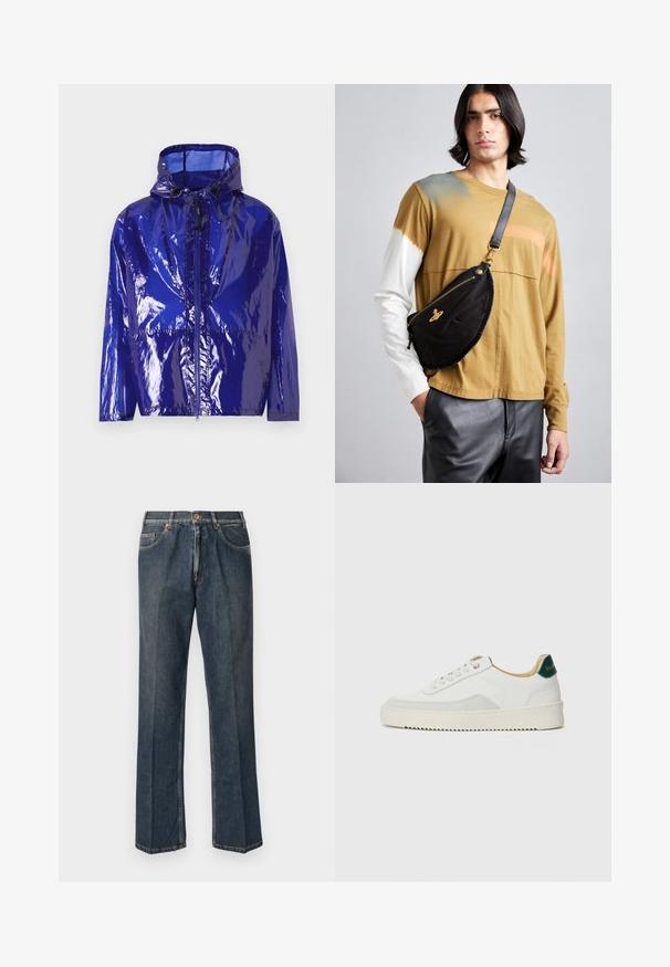 Purpurinė, blizgi lietaus striukė su kapišonu. Yra priekinis užtrauktukas, reguliuojamas raištis ir tekstūruota, blizgi apdaila.; Pilkas trumpas rankovėmis marškinėliai, pagaminti iš minkštos, tekstūruotos medžiagos. Turi klasikinį apvalų kaklą ir tiesų apatinį kraštą, tinkamą kasdieniam dėvėjimui.; Tamsiai mėlynos tiesios kojos džinsai su priekiniais mygtukais, užtrauktuku, dviem priekinėmis kišenėmis ir matomomis vertikaliomis raukšlėmis nuo kelnių šonų.; Baltos sportbačiai su zomšos akcentais, apvaliu nosiu, plokščiais raišteliais ir kreminės spalvos guminiu padu. Ant kulno yra žalia ženklinimo detalė.; Vivienne Westwood CITY BUMBAG UNISEX - Diržinis krepšelis - black