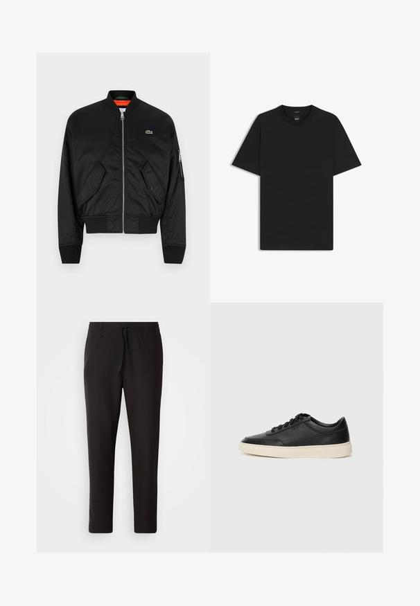 Lacoste Bomber Jacket - black; Black short-sleeve T-shirt made from a smooth cotton blend, featuring a crew neckline and a minimalistic design with no patterns or accents.; Black jogger pants made of smooth fabric. Feature an elastic waistband with a drawstring, tapered legs, and no visible pockets. Simple design.; Black low-top leather sneaker with black laces and off-white sole shown in side profile on white background.