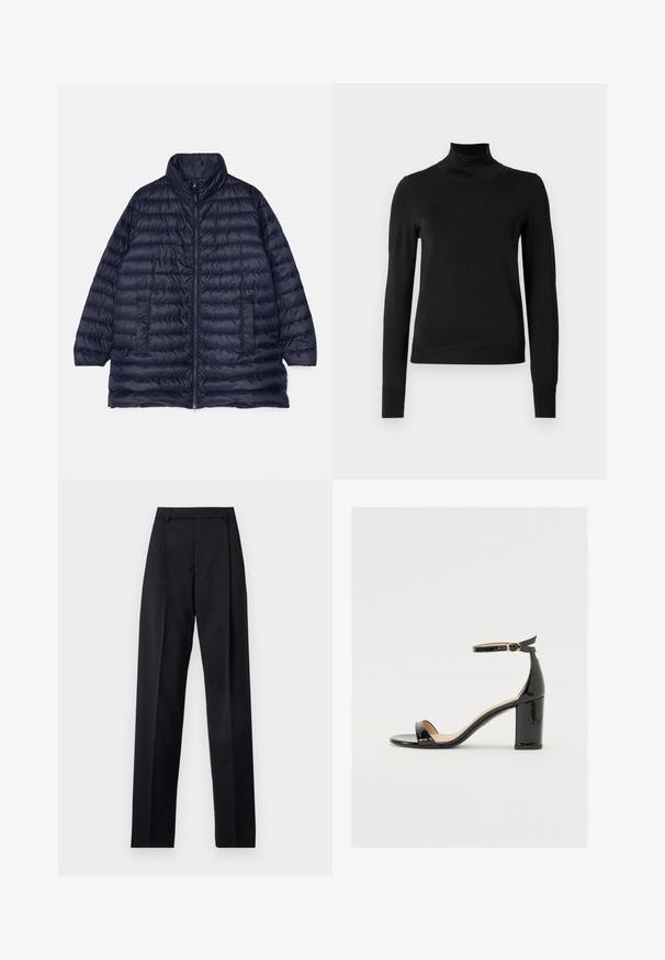 ASPESI CAPPOTTO HELEN - Kaput ispunjen paperjem - navy; Crna dugosruga majica s rolijom i rebrastim manžetama i donjim rubom, prikazana na jednostavnoj bijeloj pozadini.; Crne hlače od glatkog materijala s visokim strukom, širokim nogavicama, prednjim pregibima i klasičnim petljama za remen. Nema vidljivih bočnih džepova.; Crne lakirane sandale s širokim potpeticama, otvorenim prstima i remenom oko gležnja s zlatnom kopčom. Glatka tekstura i elegantan dizajn.